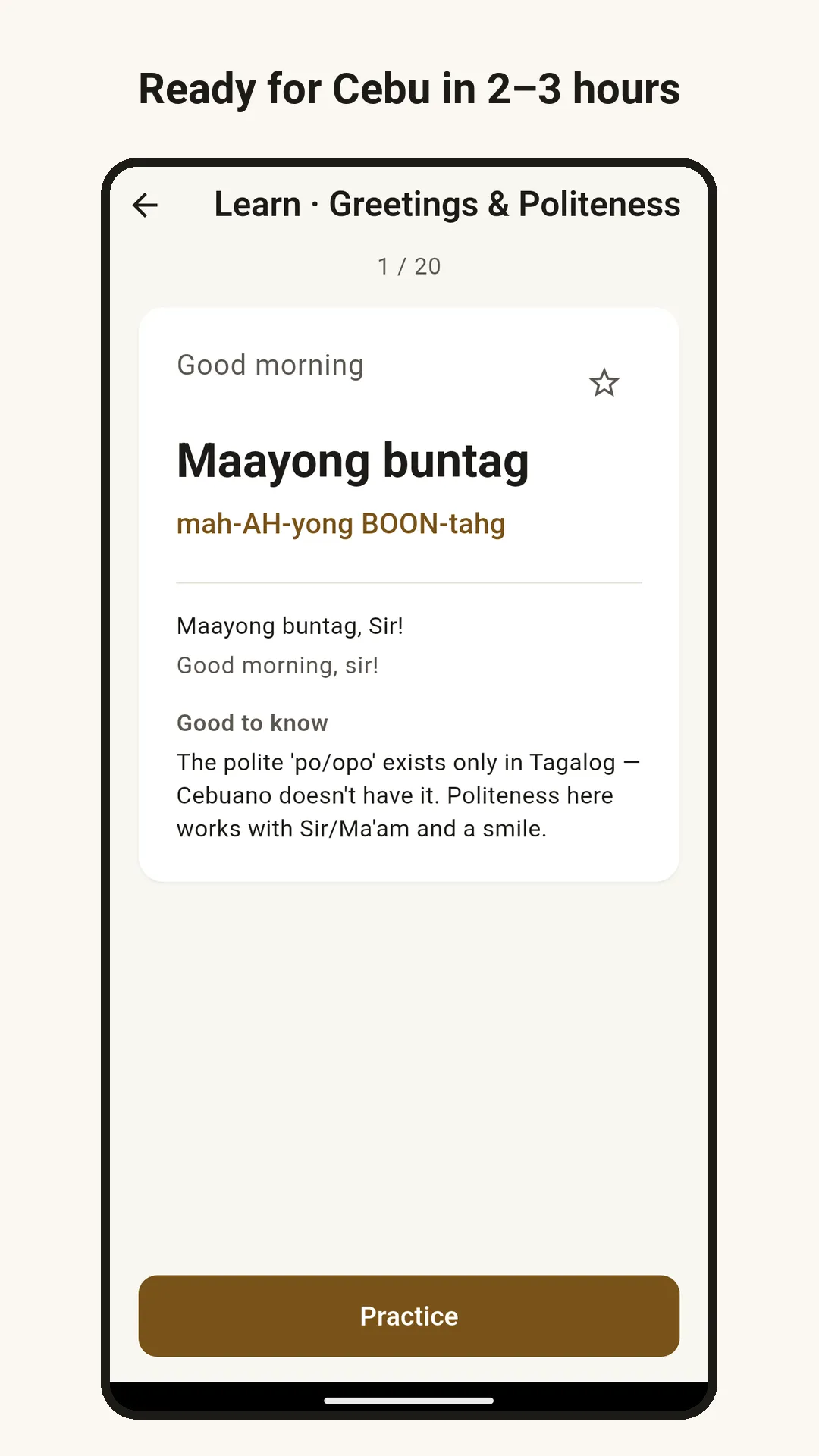 Learn screen, chapter Greetings & Politeness: the phrase Maayong buntag (Good morning) with its pronunciation mah-AH-yong BOON-tahg, an example sentence and a Good to know note. Caption: Ready for Cebu in 2–3 hours.