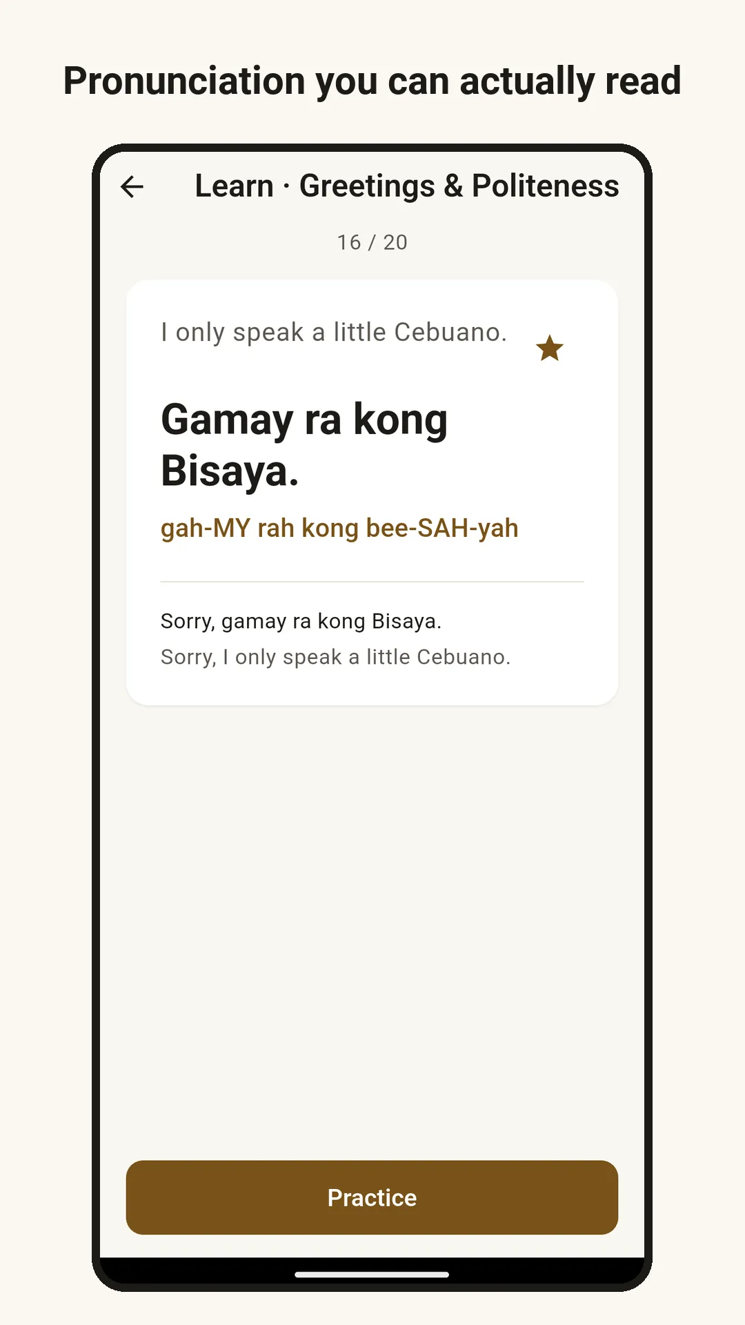 Phrase card for Gamay ra kong Bisaya. (I only speak a little Cebuano.) with the pronunciation gah-MY rah kong bee-SAH-yah. Caption: Pronunciation you can actually read.