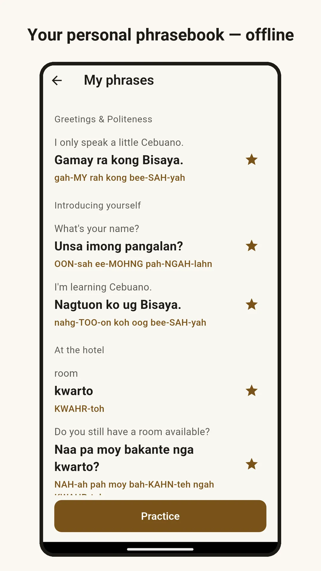 My phrases: starred phrases grouped by chapter, each with its pronunciation. Caption: Your personal phrasebook — offline.