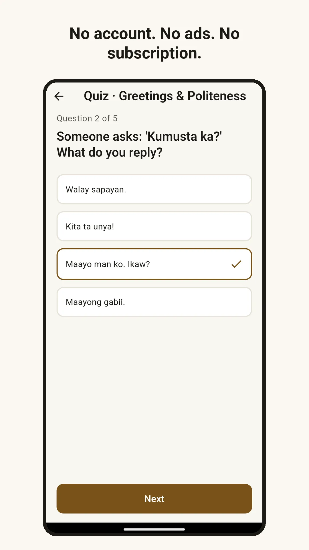 Quiz question: Someone asks Kumusta ka? — what do you reply? The answer Maayo man ko. Ikaw? is marked correct. Caption: No account. No ads. No subscription.