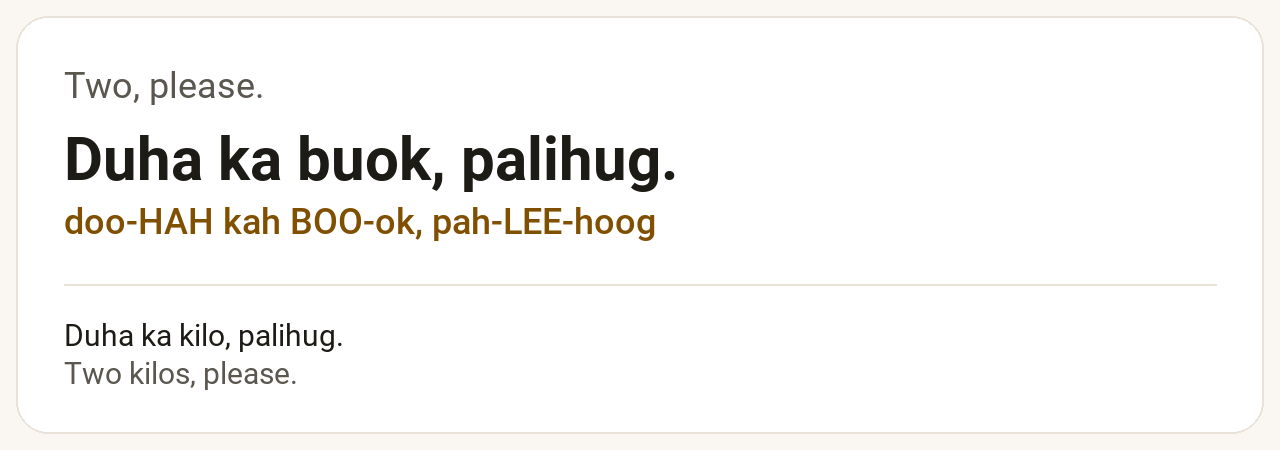 Cebuano phrase card: Duha ka buok, palihug. — Two, please.