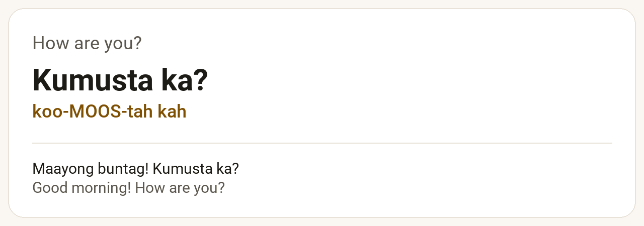 Cebuano phrase card: Kumusta ka? — How are you?